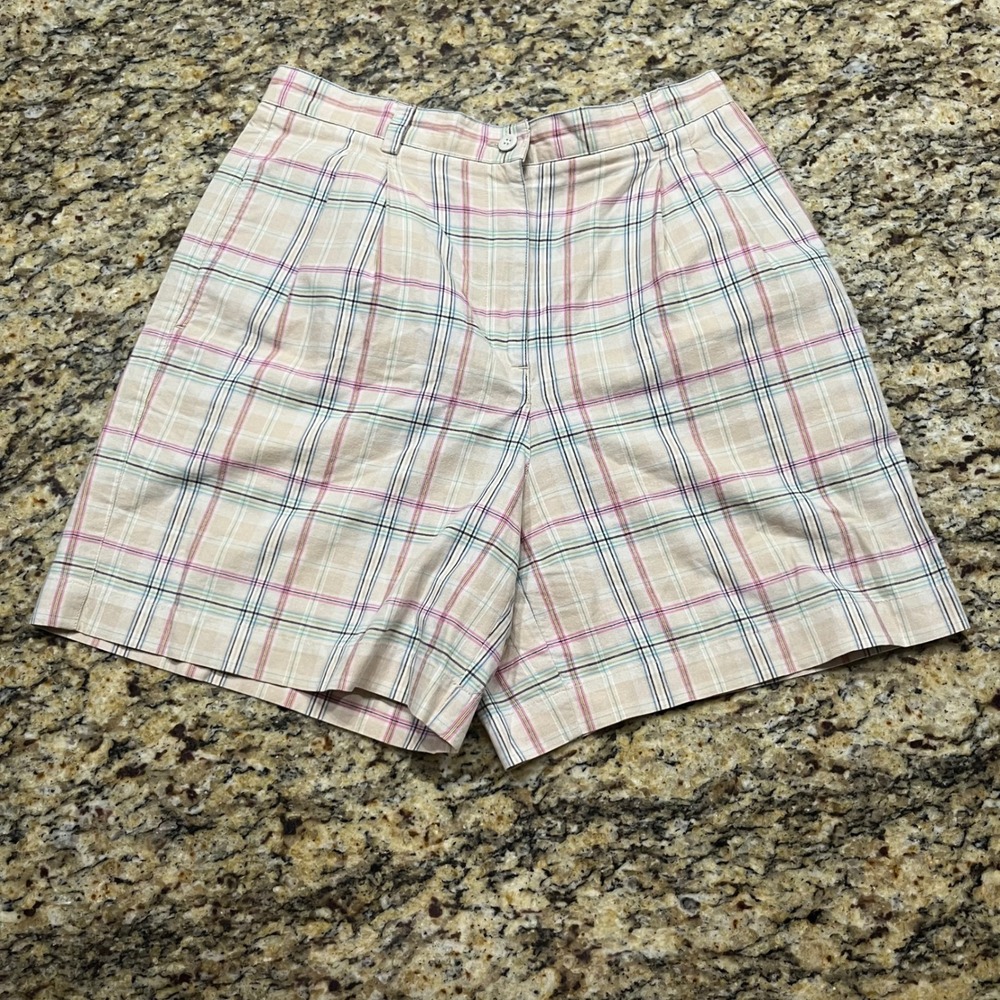 Liz Claiborne Lizsport Vintage Plaid Pleated Cotton‎ Shorts Beige Pink Blue 8